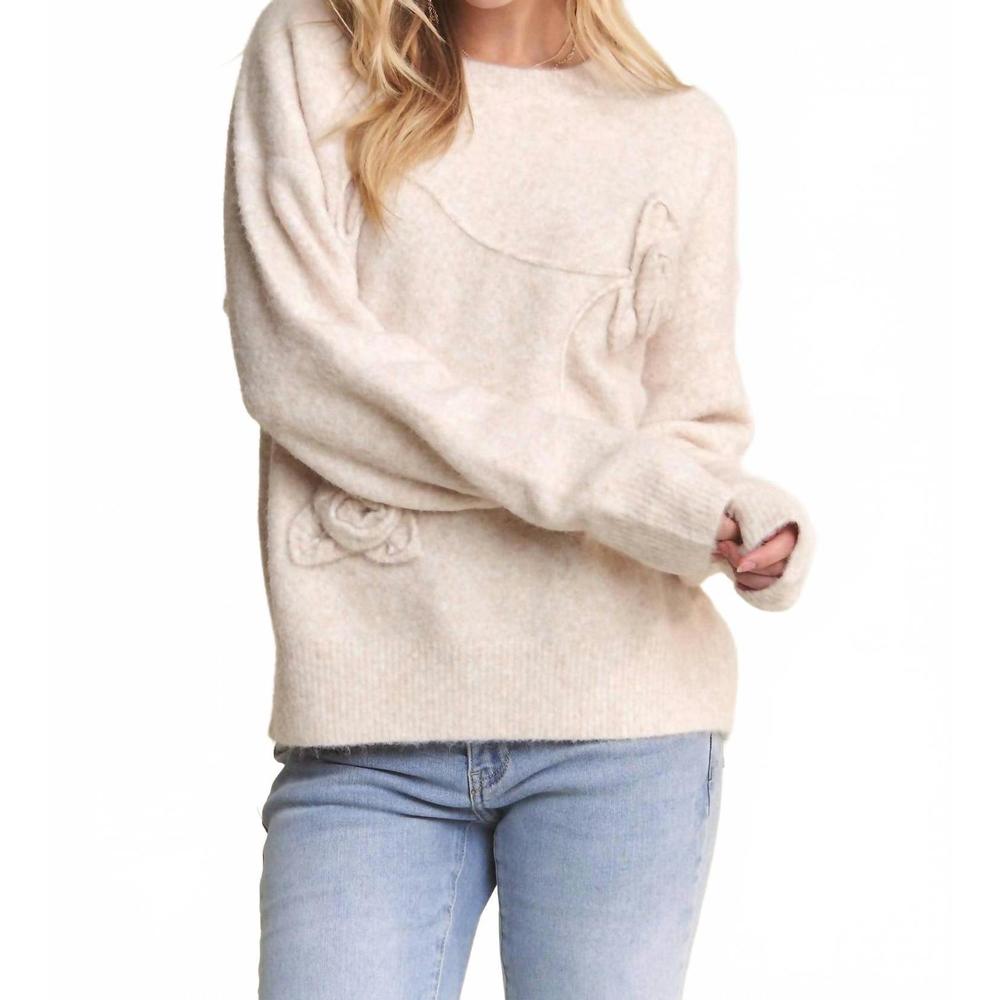NEW ADORA floral applique soft sweater in oatmeal